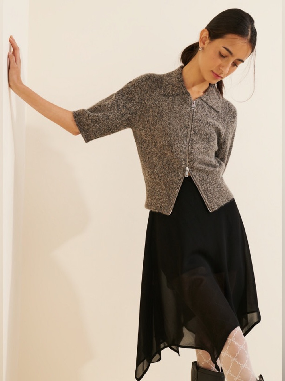 SAMSOE SAMSOE  Sakelsie Short Sleeve Zip Cardigan Sweater Charcoal Grey Small